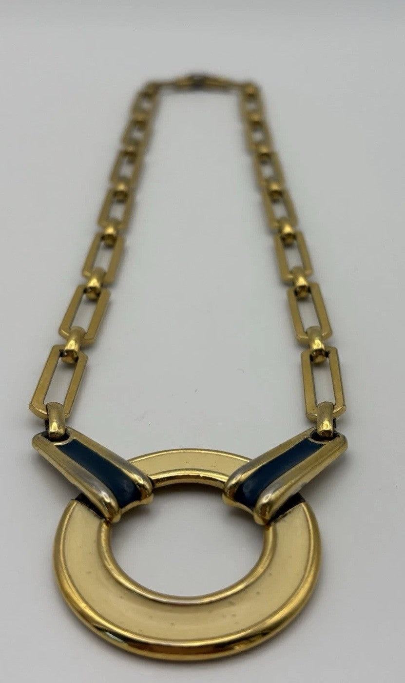 Vintage Monet Necklace Gold Tone Blue Enamel Circle Pendant