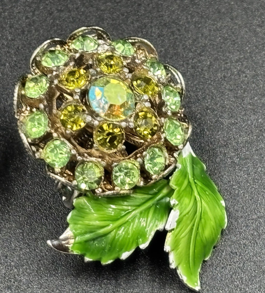 Vintage Green Rhinestone Flower Clip On Earrings Enamel Leaves Mid Century