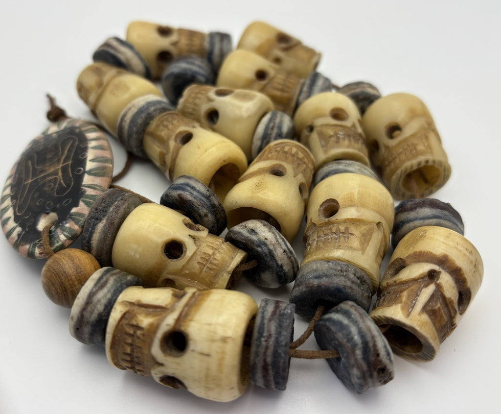 Antique Attributed Tibetan Style Skull Mala Necklace Carved Bone