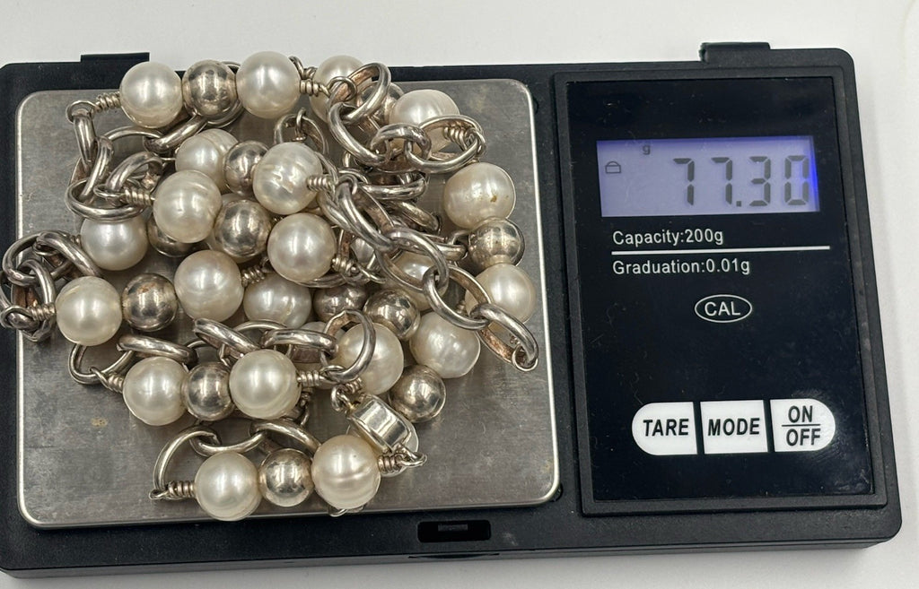 Vintage 925 Sterling Silver 10mm Freshwater Pearl Station Necklace 88cm