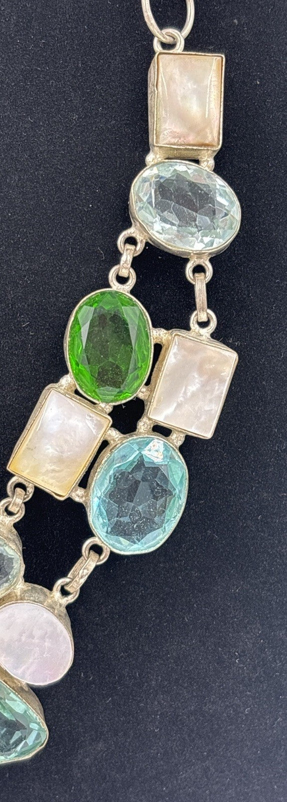 Artisan Multi Stone Bib Necklace Aqua Teal Green Glass Mother of Pearl Handmade