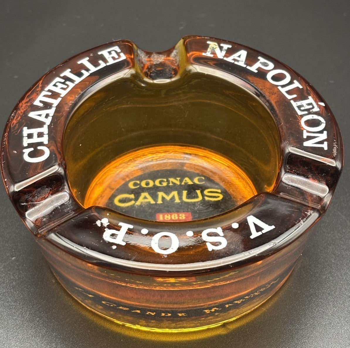 Vintage Camus Cognac Ashtray V.S.O.P Chateau Napoleon Amber Glass France