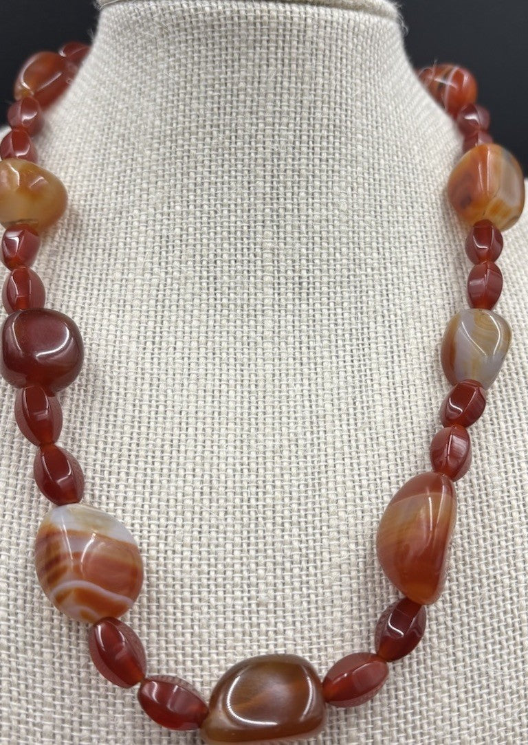 Vintage Banded Carnelian Bead Necklace Warm Tones Polished Statement