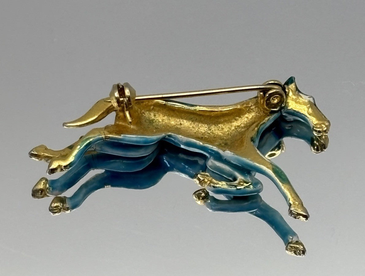 Vintage Blue Enamel Galloping Horse Brooch Gold Tone 1980s Equestrian Statement