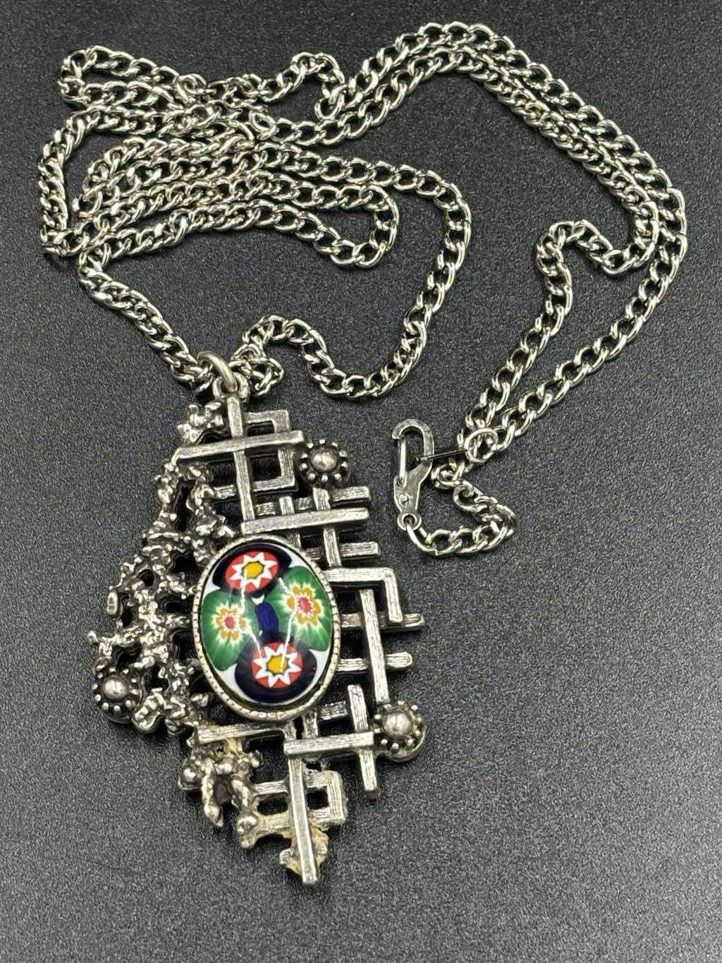 Vtg Millefiori Caning Art Glass Pendant Silver Plated, & Silver Tone Necklace