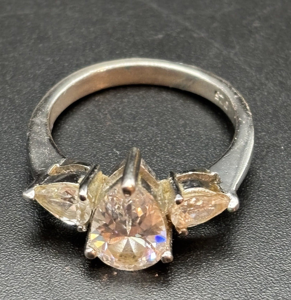 Vintage Sterling Silver Pear Cut CZ Trilogy Ring Marquise Accents Size 8.25