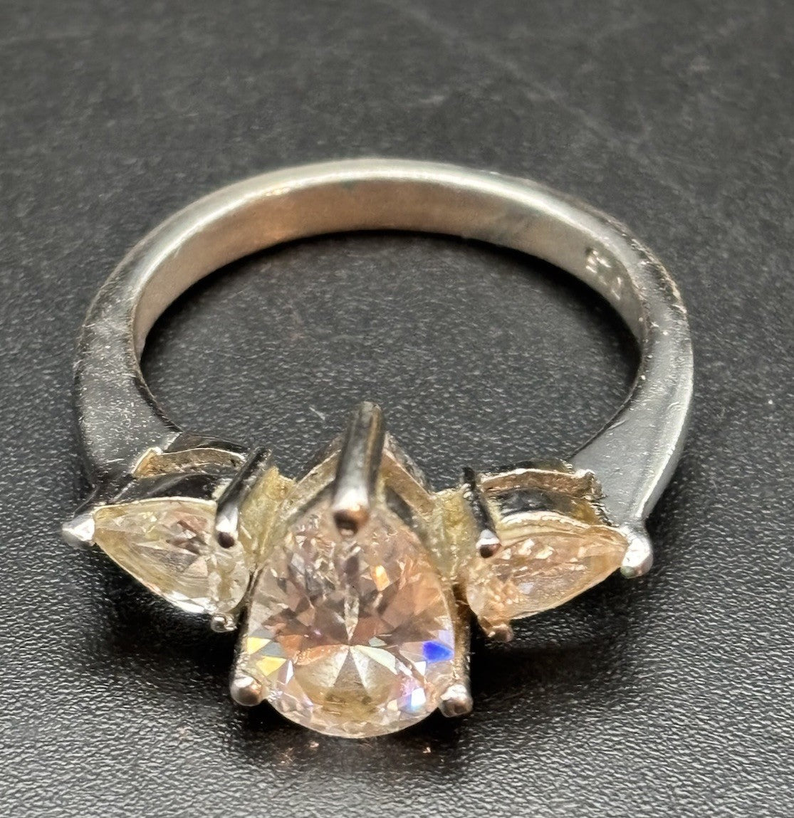 Vintage Sterling Silver Pear Cut CZ Trilogy Ring Marquise Accents Size 8.25