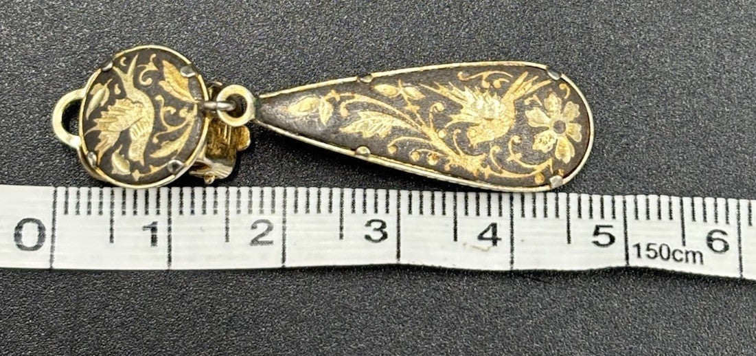 1970s spanish damascene gold and black floral bird dangle clip on earrings