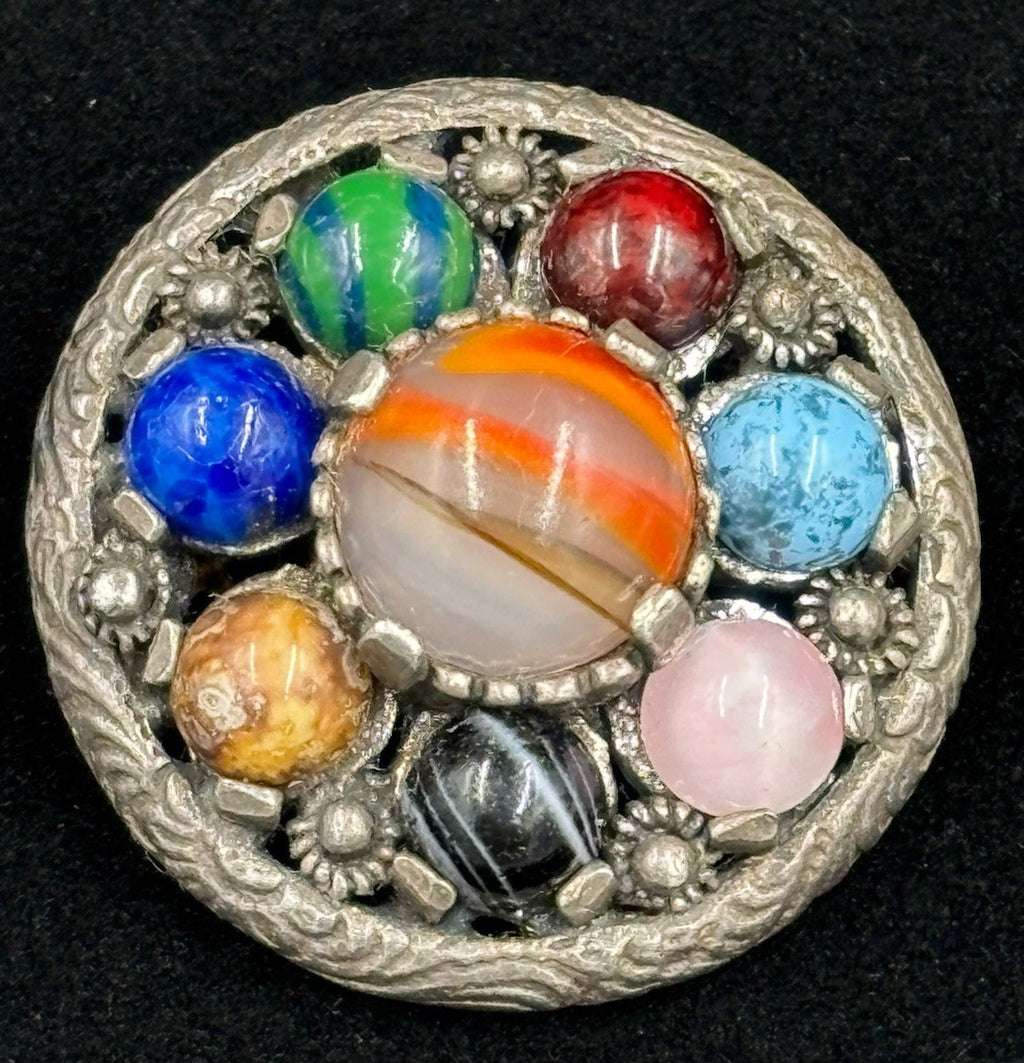 Vintage Miracle Scottish Celtic Banded Multiple Agate Glass Pin Brooch Signed