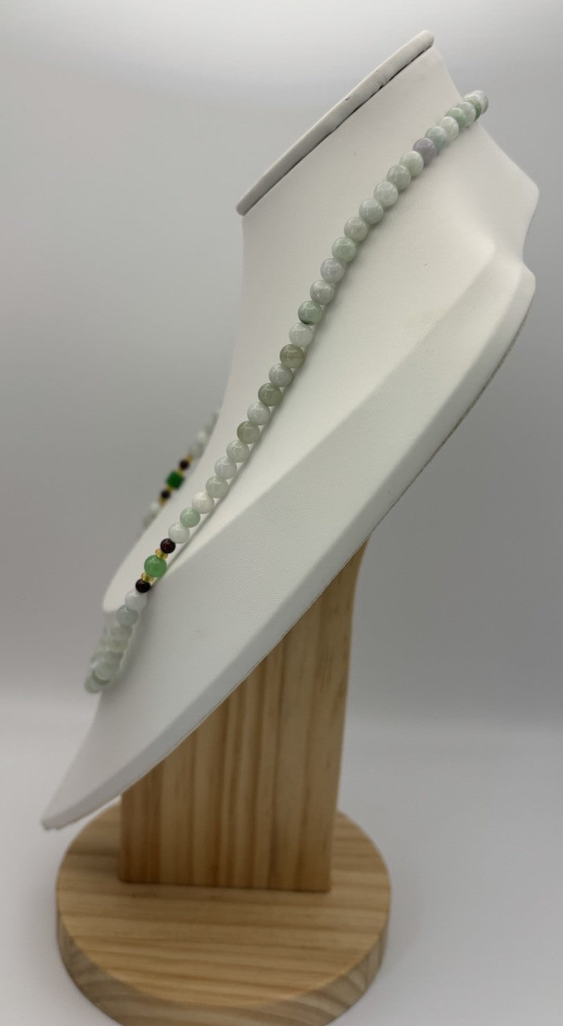 Vintage Natural Jadeite Bead Necklace Pale Green White Lavender Gemstone Strand