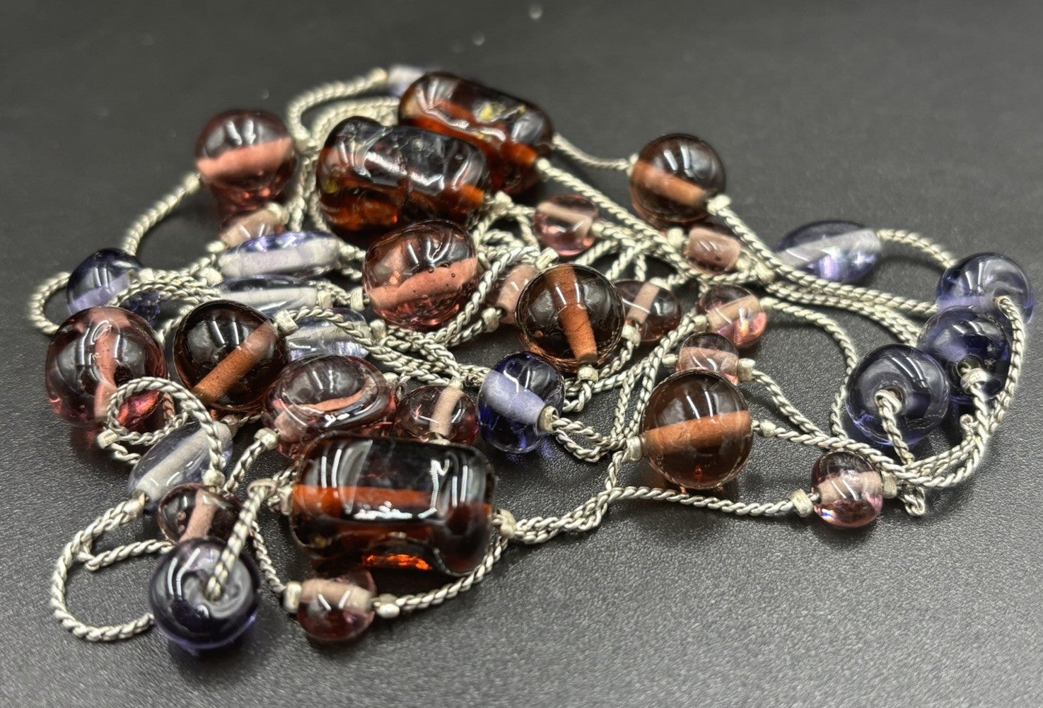 Vintage Sterling Silver Glass Bead Necklace Italy Murano Czech Style