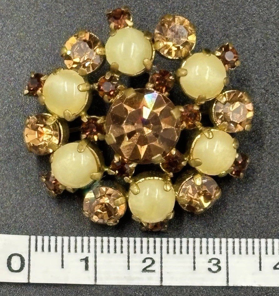Vintage Amber Rhinestone & Yellow Cabochon Brooch Unsigned