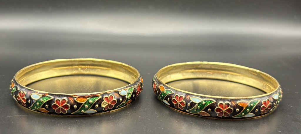 Vintage Cloisonne Enamel Bangles Floral Gold Tone Pair Collectible Asian Style