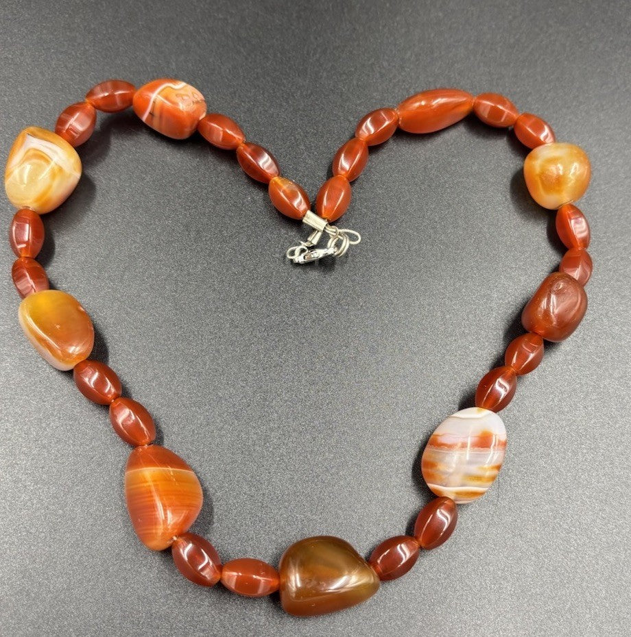Vintage Banded Carnelian Bead Necklace Warm Tones Polished Statement