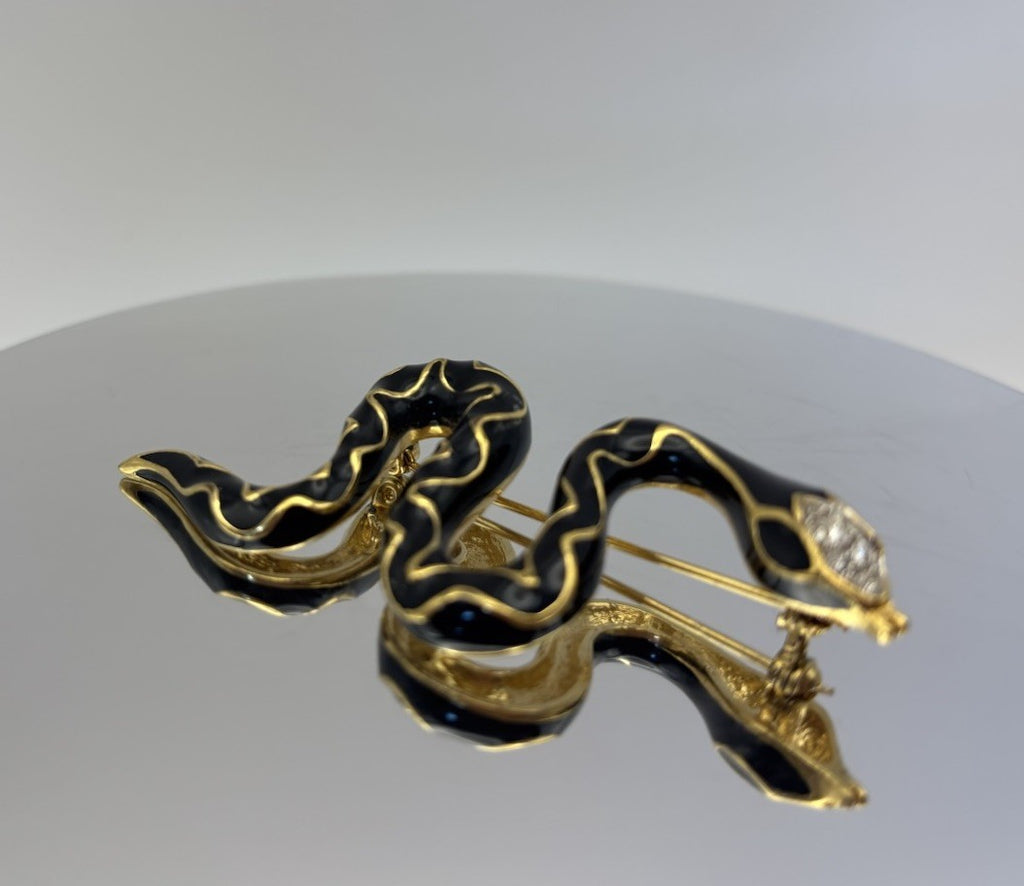 Vintage Black Enamel Snake Brooch Gold Tone Rhinestones 7cm
