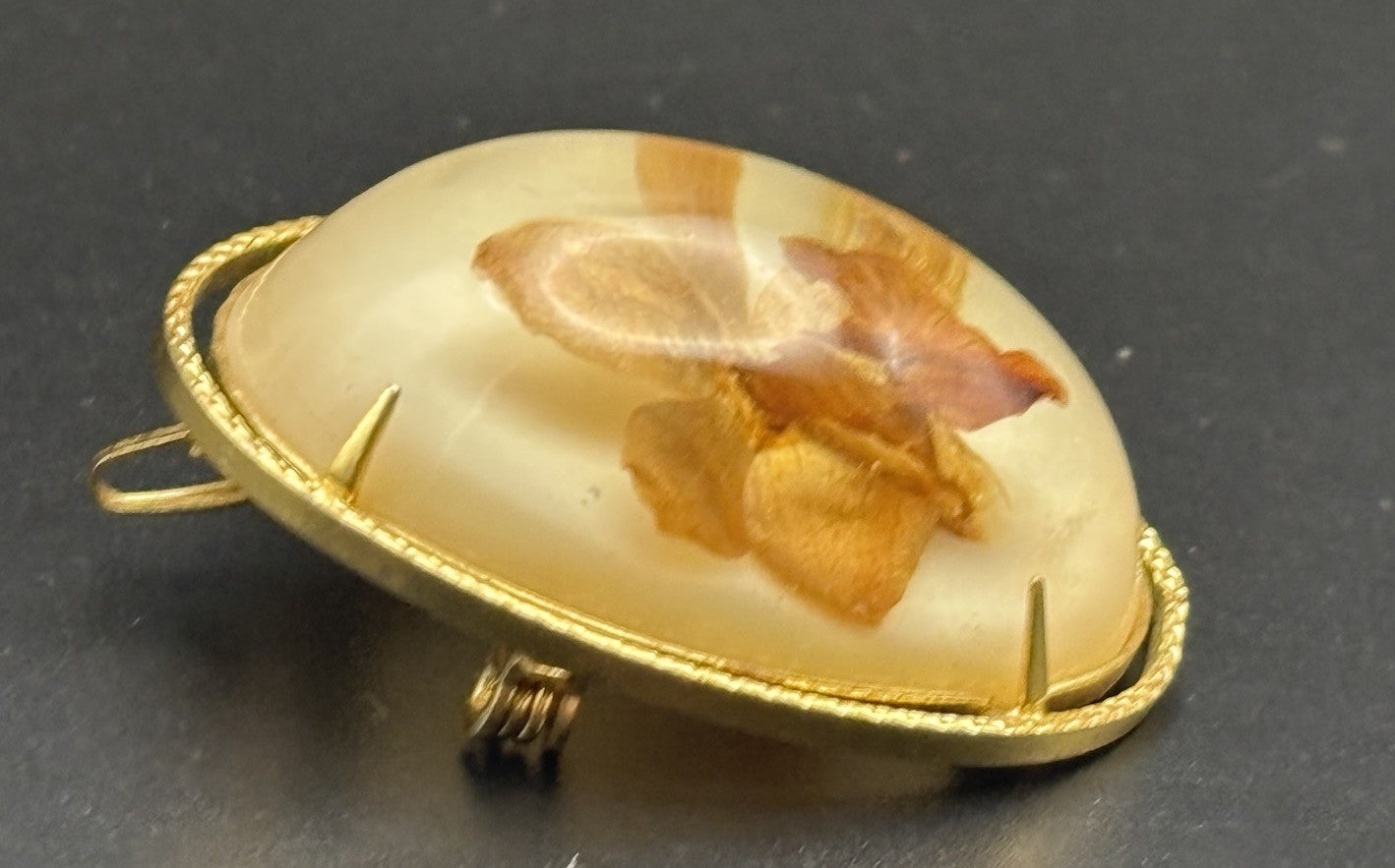 Vintage Pressed Orchid Flower Lucite Resin Brooch Botanical 4.5cm