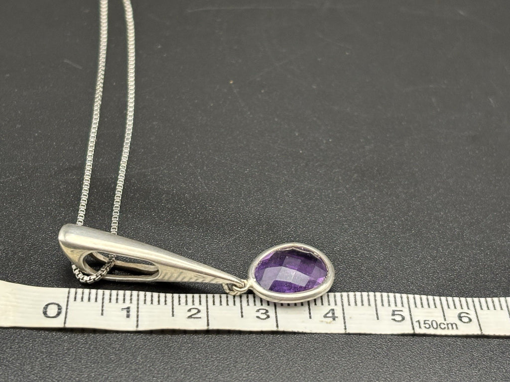 Genuine Amethyst Sterling Silver 925 Modernist Drop Pendant Necklace