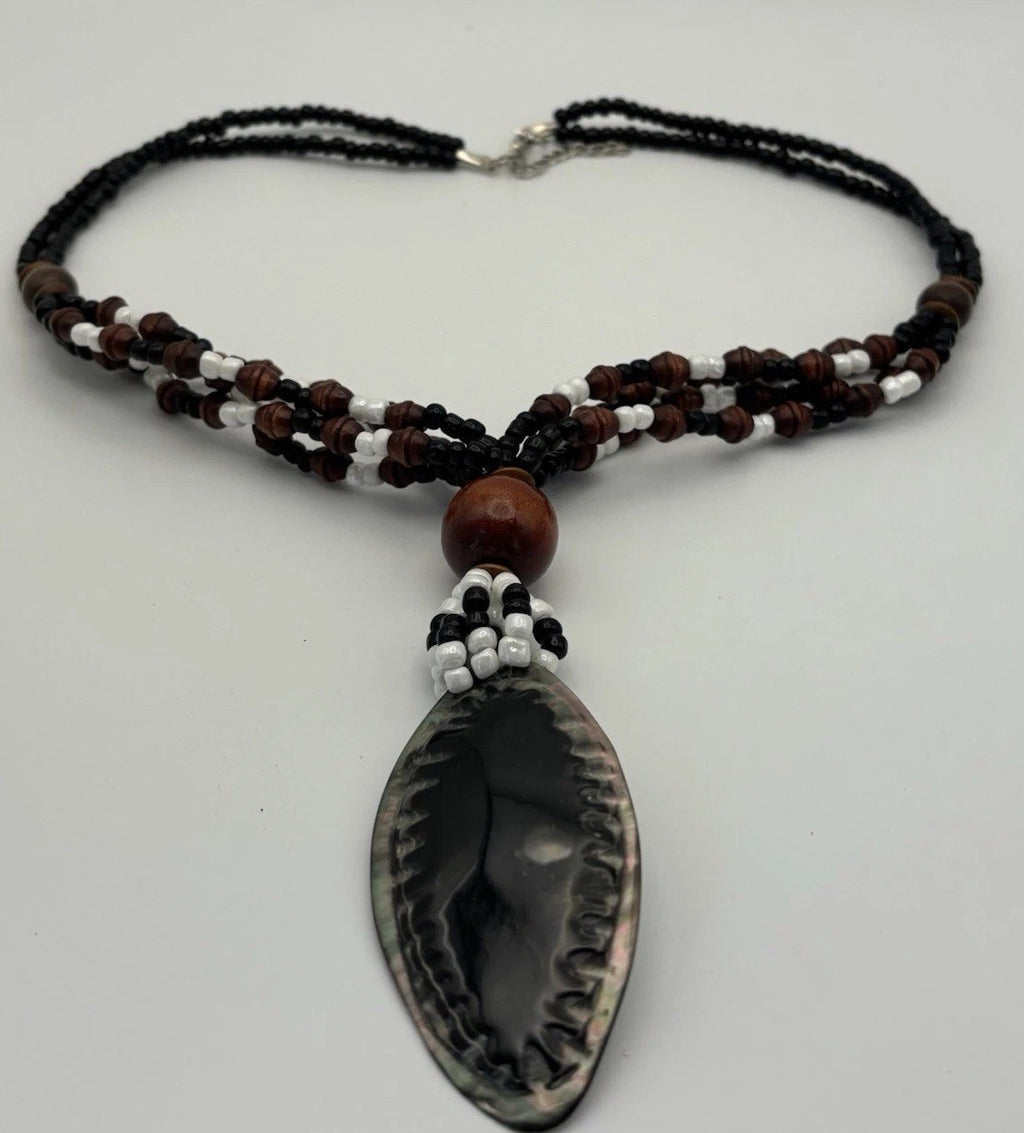 Tribal Shell Pendant Necklace Cowrie Style Beaded Black Brown White Boho Jewelry