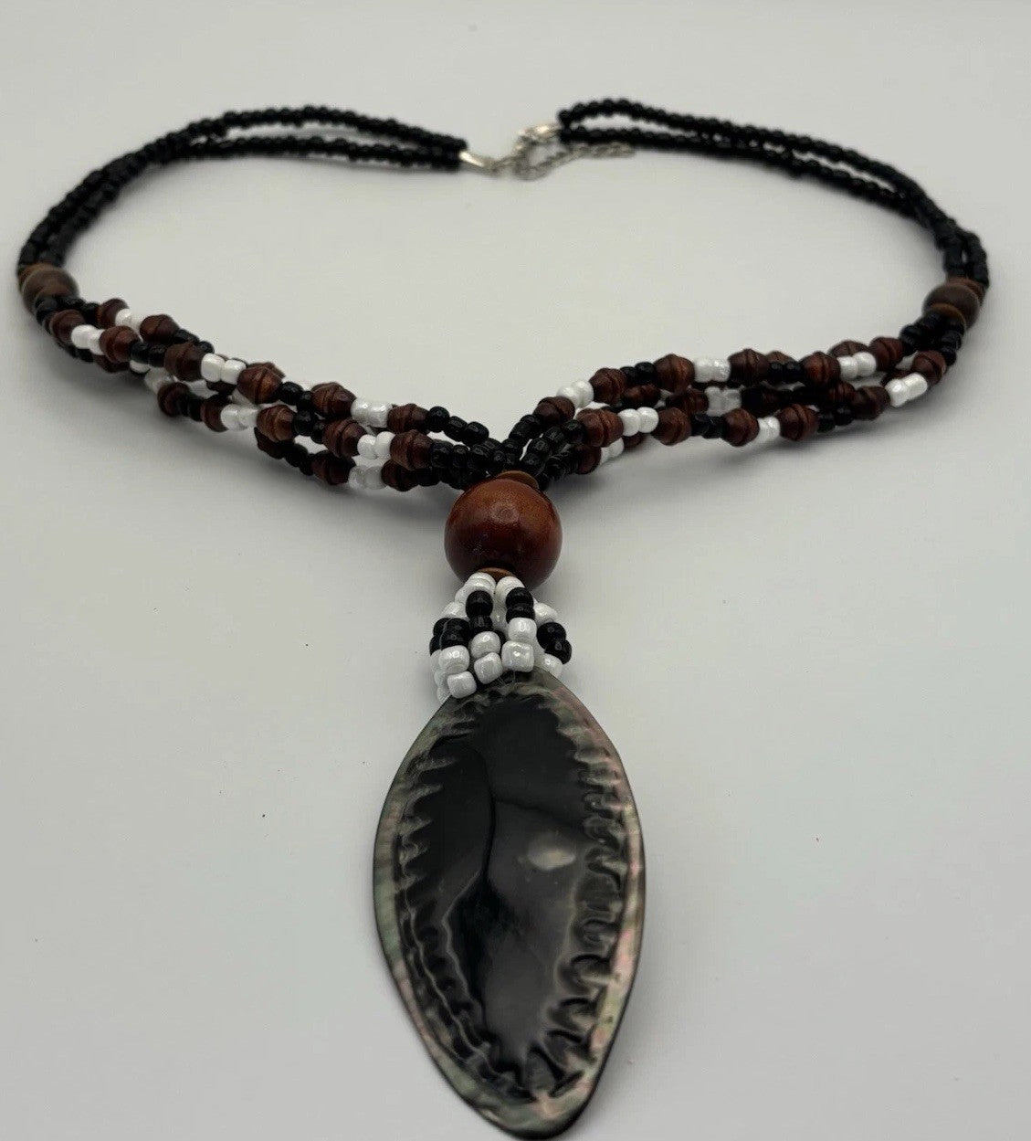 Tribal Shell Pendant Necklace Cowrie Style Beaded Black Brown White Boho Jewelry