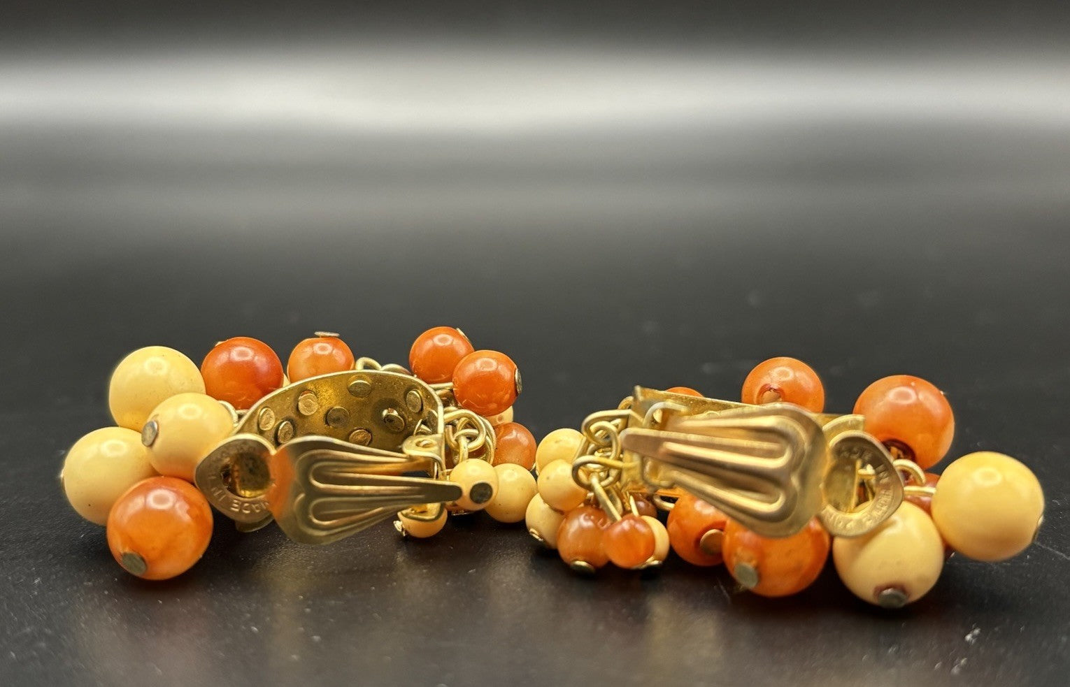 Vintage Hong Kong Orange Cream Glass Bead Cluster Clip Earrings