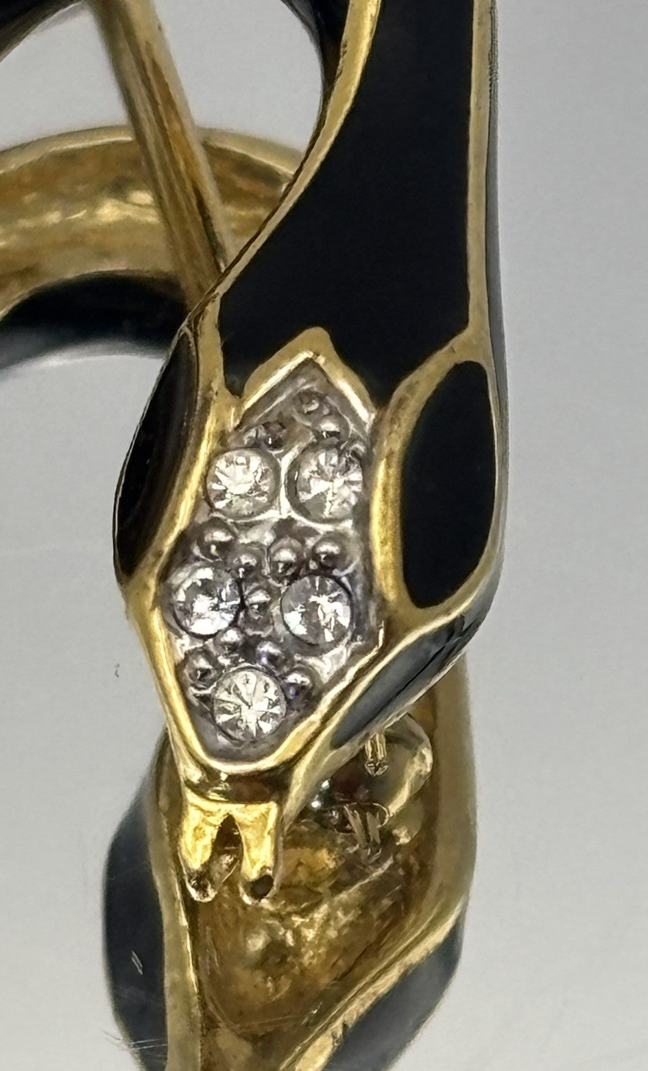 Vintage Black Enamel Snake Brooch Gold Tone Rhinestones 7cm