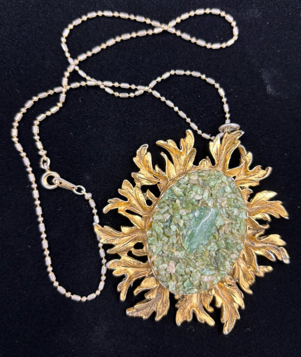 Vintage Sunburst Pendant Necklace Crushed Green Stone 18K Gold Filled Chain