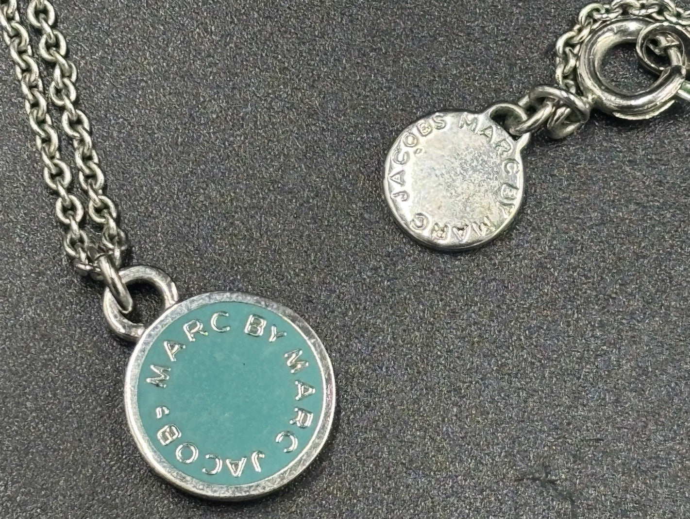 Marc Jacobs Round Logo Enamel Pendant Necklace Silver Tone