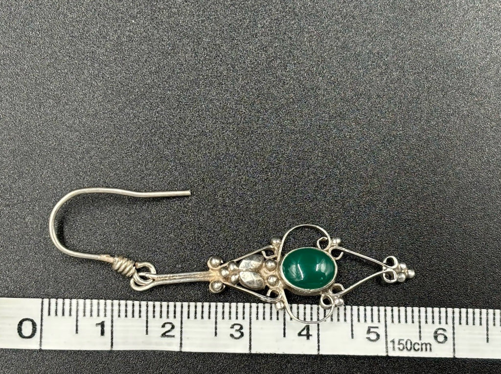 Vintage Sterling Silver Green Onyx Earrings Boho Filigree Dangle 925