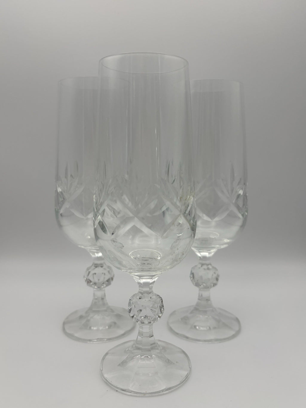 Vintage Cut Crystal Ball Stem Champagne Flutes Set of 3 Glassware