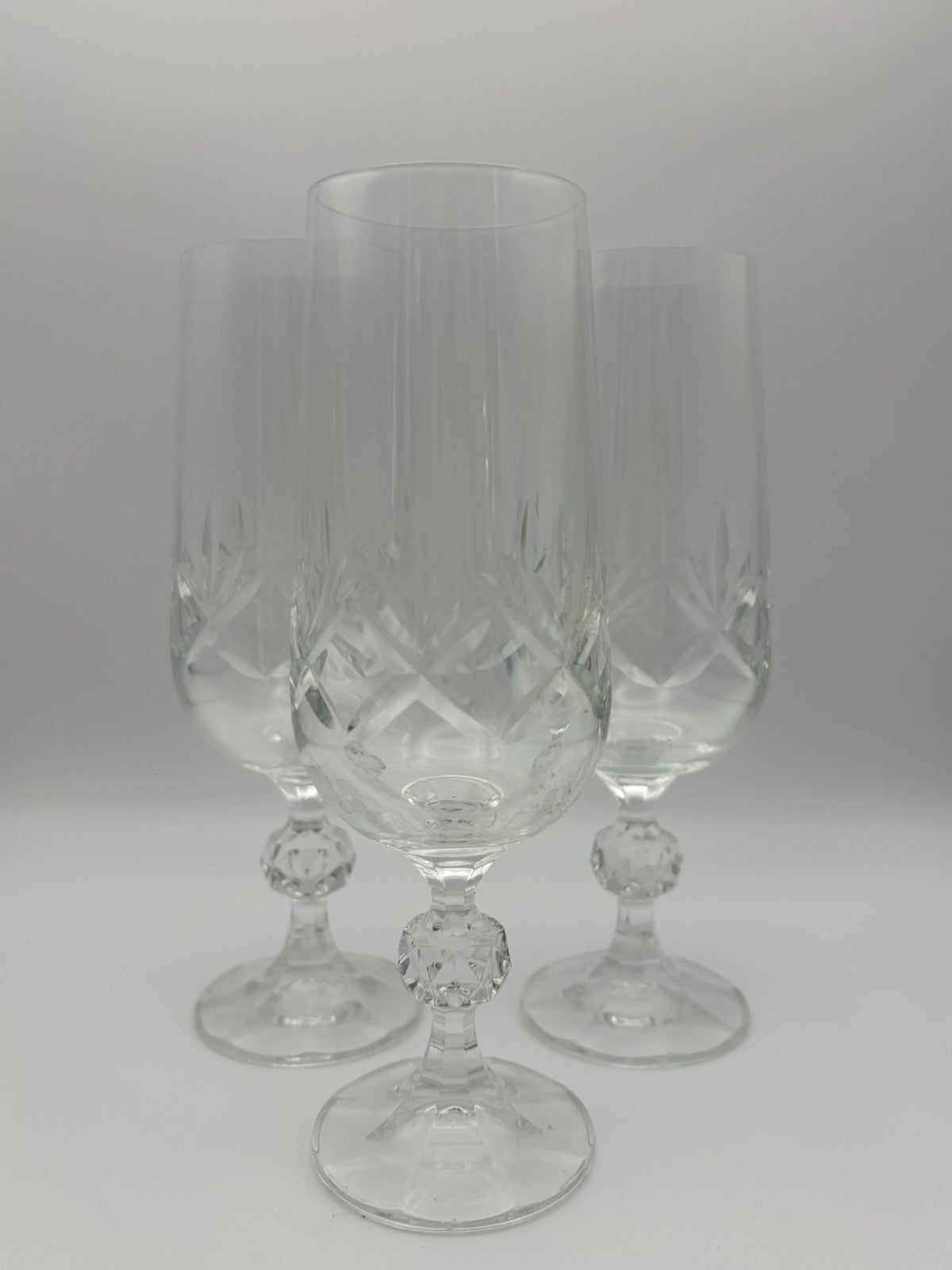 Vintage Cut Crystal Ball Stem Champagne Flutes Set of 3 Glassware