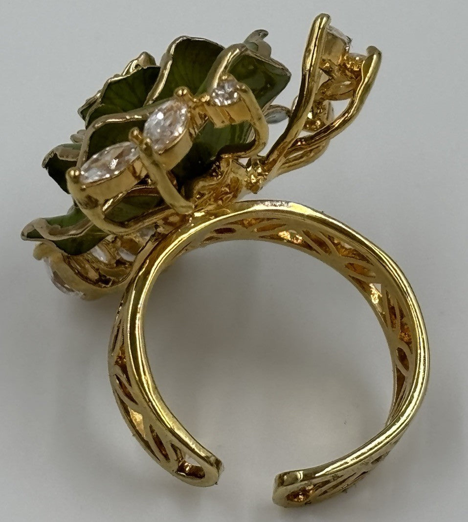 Green Enamel Rose Cocktail Ring Gold Tone Marquise Rhinestone Statement Jewelry