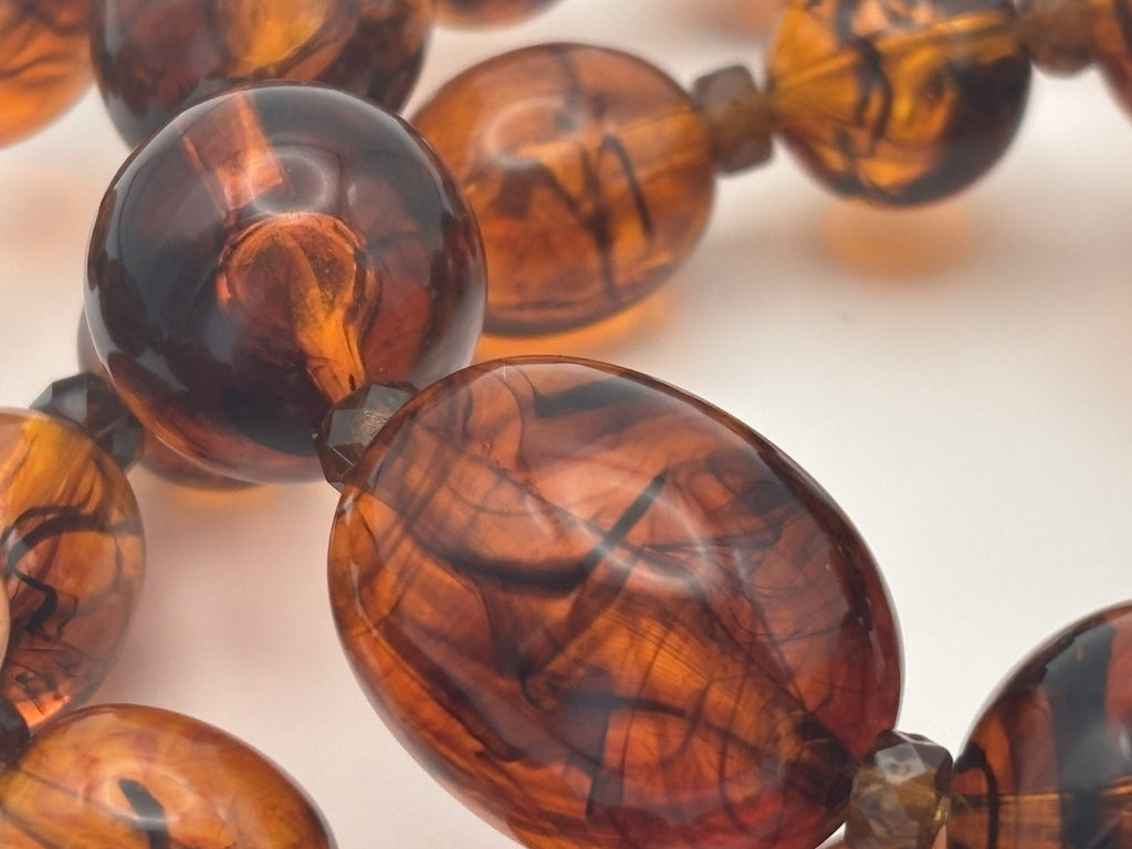 Vintage Lucite Faux Amber Bead Necklace 76cm Mid Century Swirled Resin Jewelry