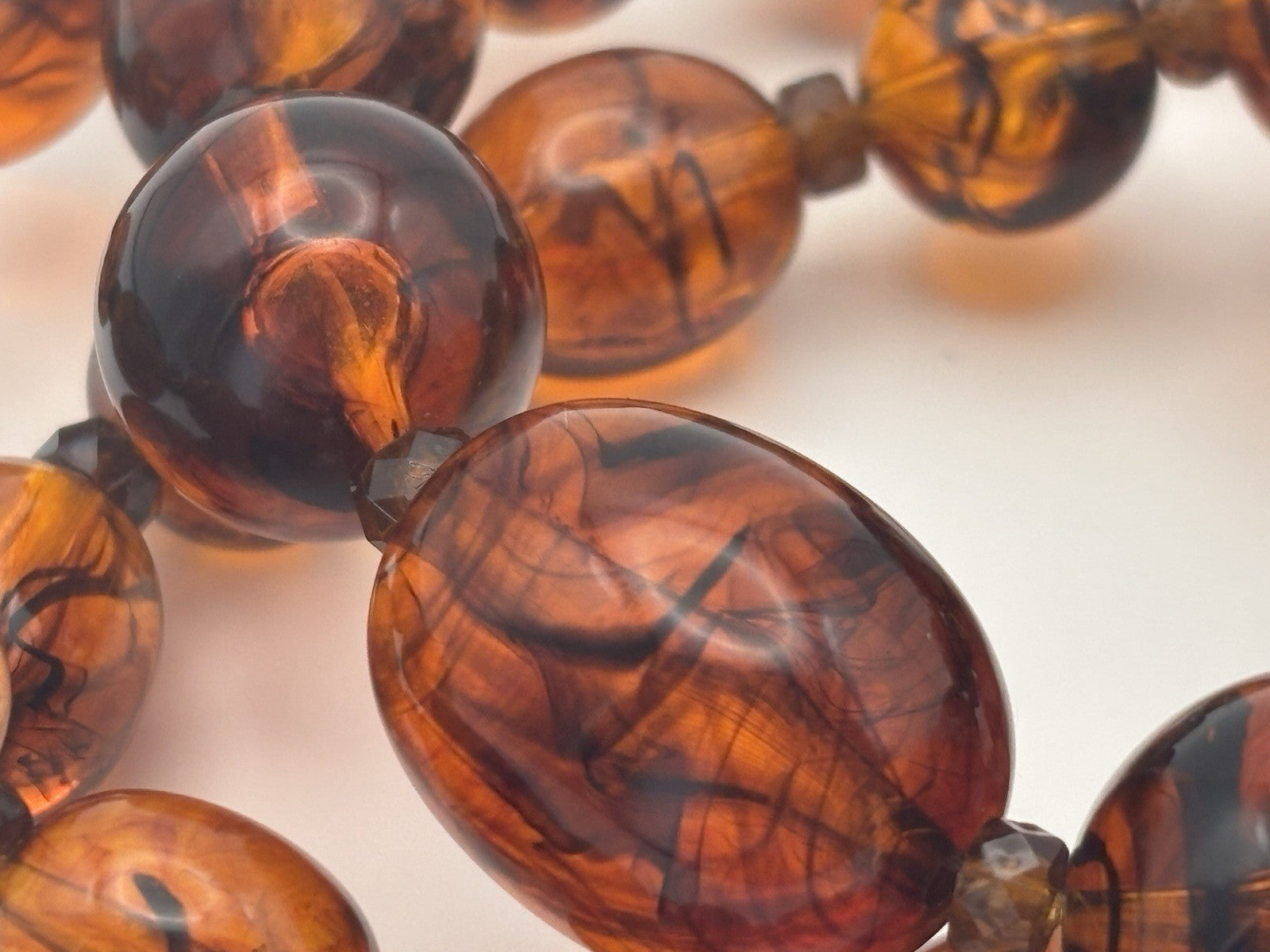 Vintage Lucite Faux Amber Bead Necklace 76cm Mid Century Swirled Resin Jewelry