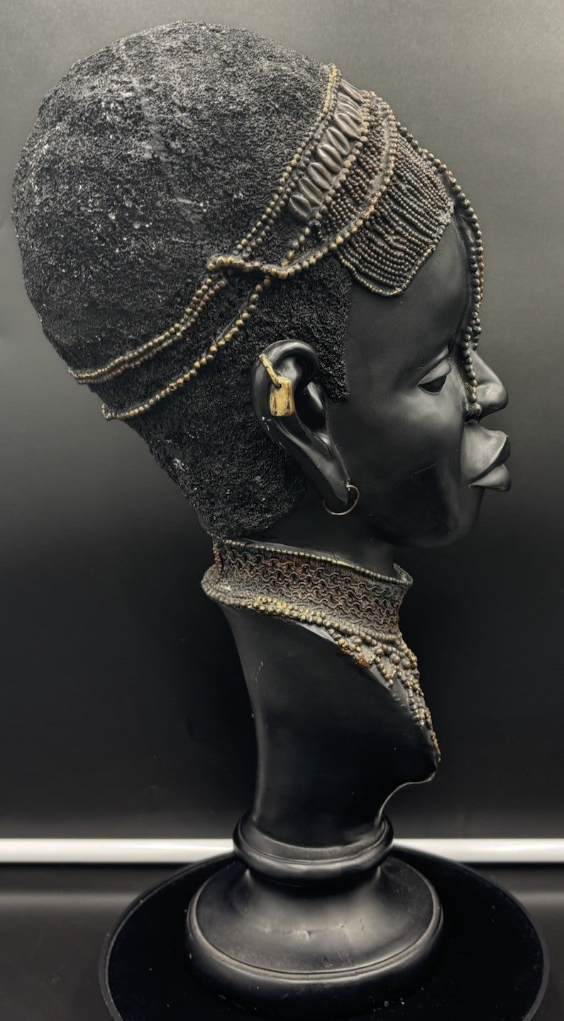 Vintage African Tribal Woman Bust – Beaded Headpiece & Necklace, Resin Sculpture