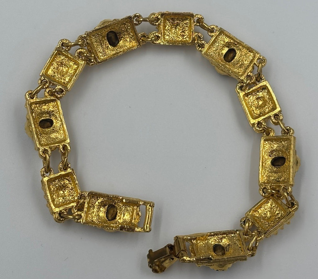 Vintage Gold Tone Panel Bracelet Garnet Style Stones Artisan 19cm
