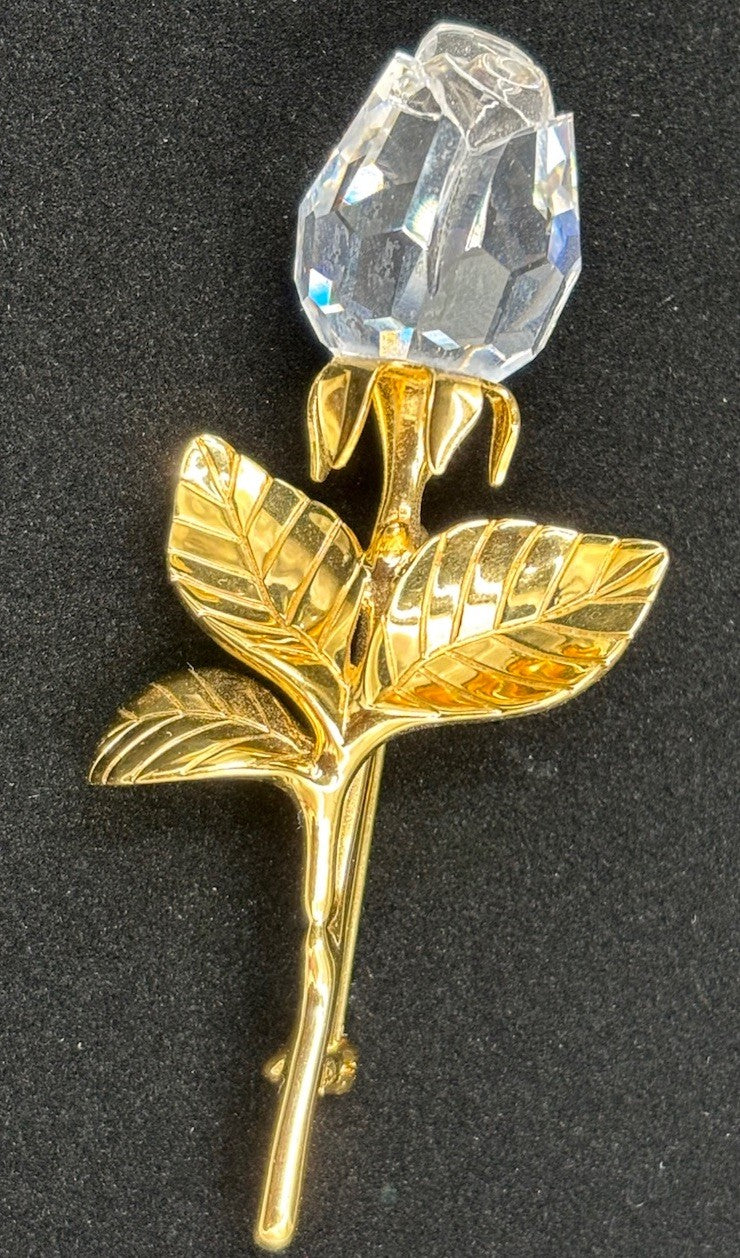 Swarovski Memories Rose Brooch Gold Plated Clear Crystal Vintage 1990s Jewelry