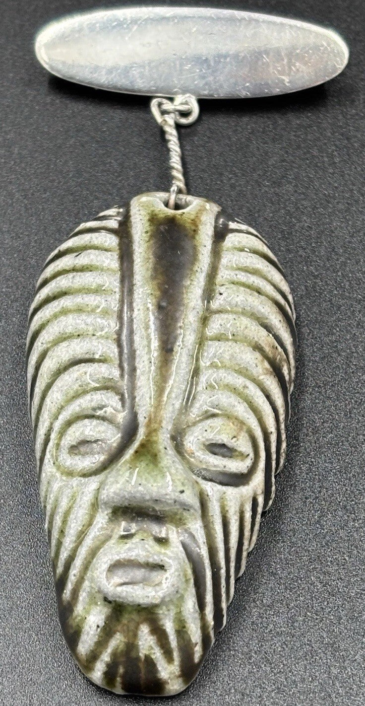 Rare Vintage Modernist Silver Bar Ceramic Mask Brooch Studio Jewelry