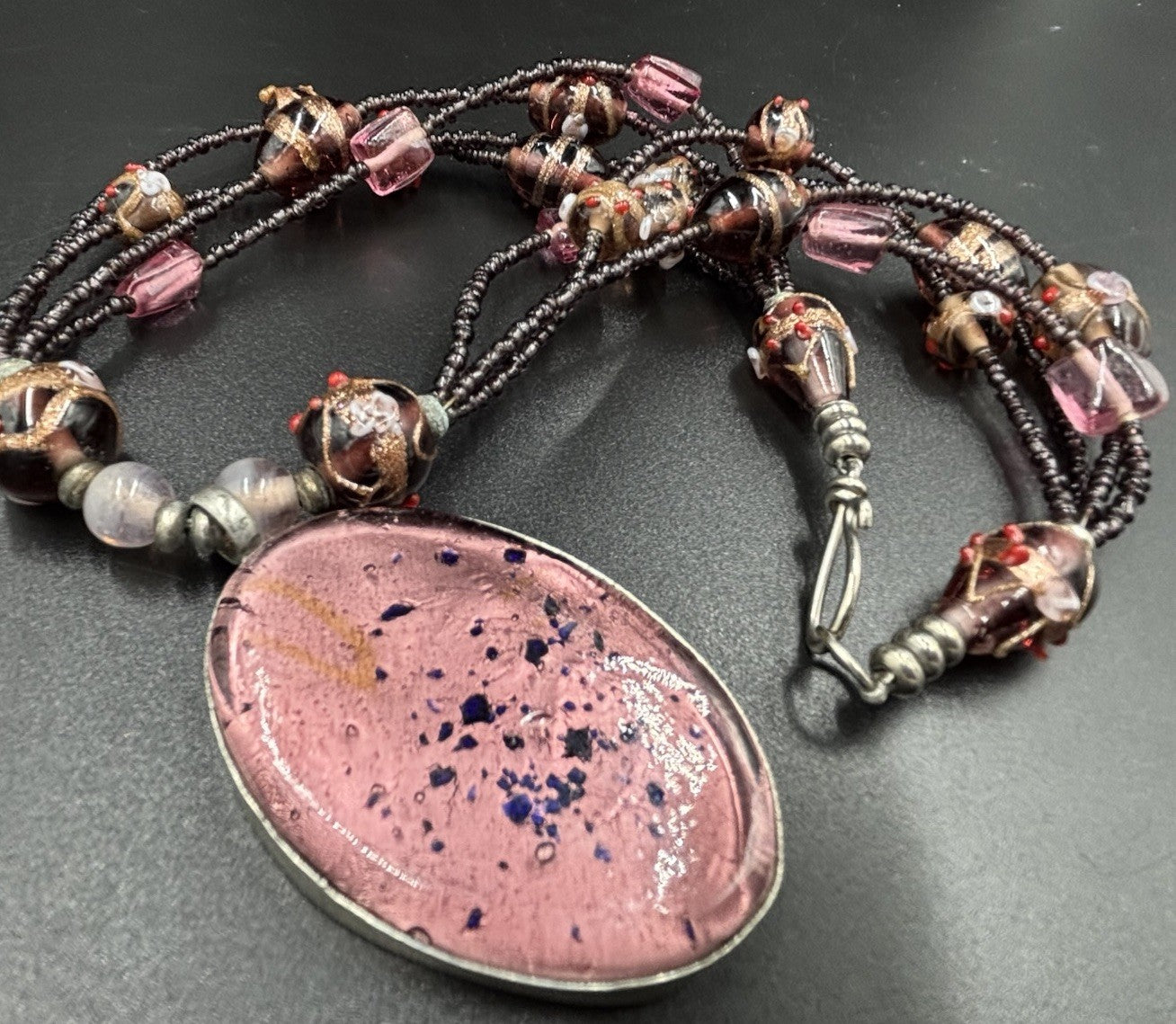 Handmade Lampwork Glass Necklace Multi Strand Pink Art Glass Pendant Beaded