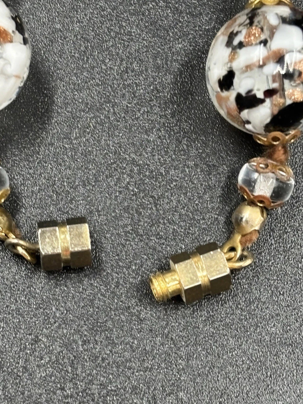 Vintage Murano Glass Venetian White Black Rose Gold Leaf Marble Accents Necklace