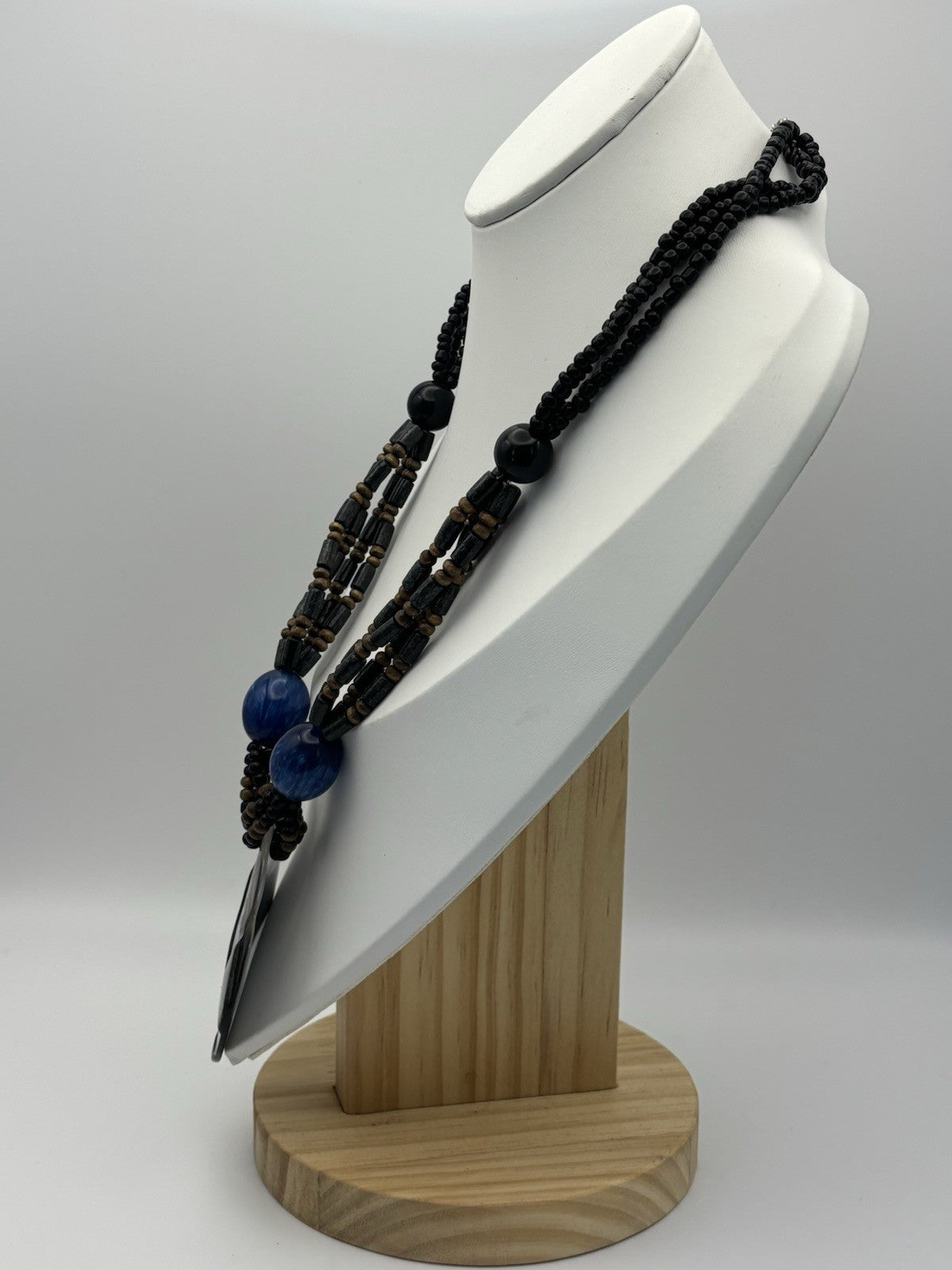 Tribal Shell Pendant Necklace Geometric Design Beaded Blue Black Boho Jewelry
