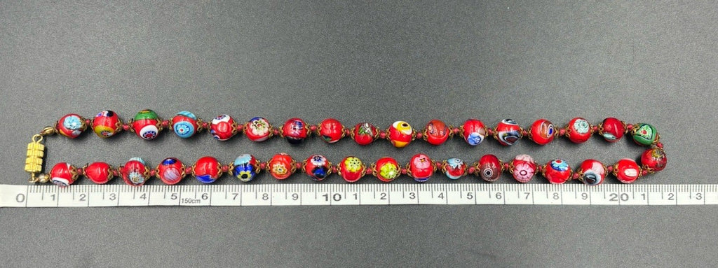 Vintage Murano Millefiori Glass Necklace Red Beads Venetian 1950s Italy