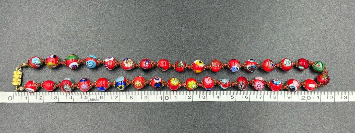 Vintage Murano Millefiori Glass Necklace Red Beads Venetian 1950s Italy