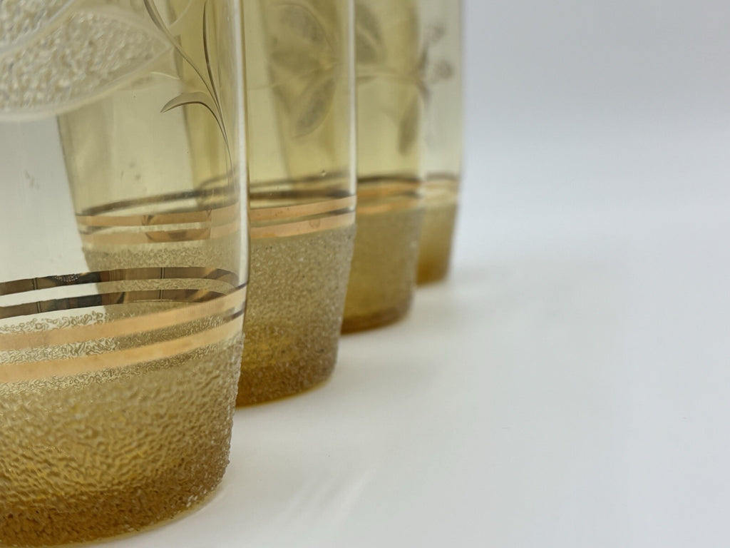 Vintage Amber Glass Pitcher & 4 Tumblers Gold Leaf Etched MCM Barware Set