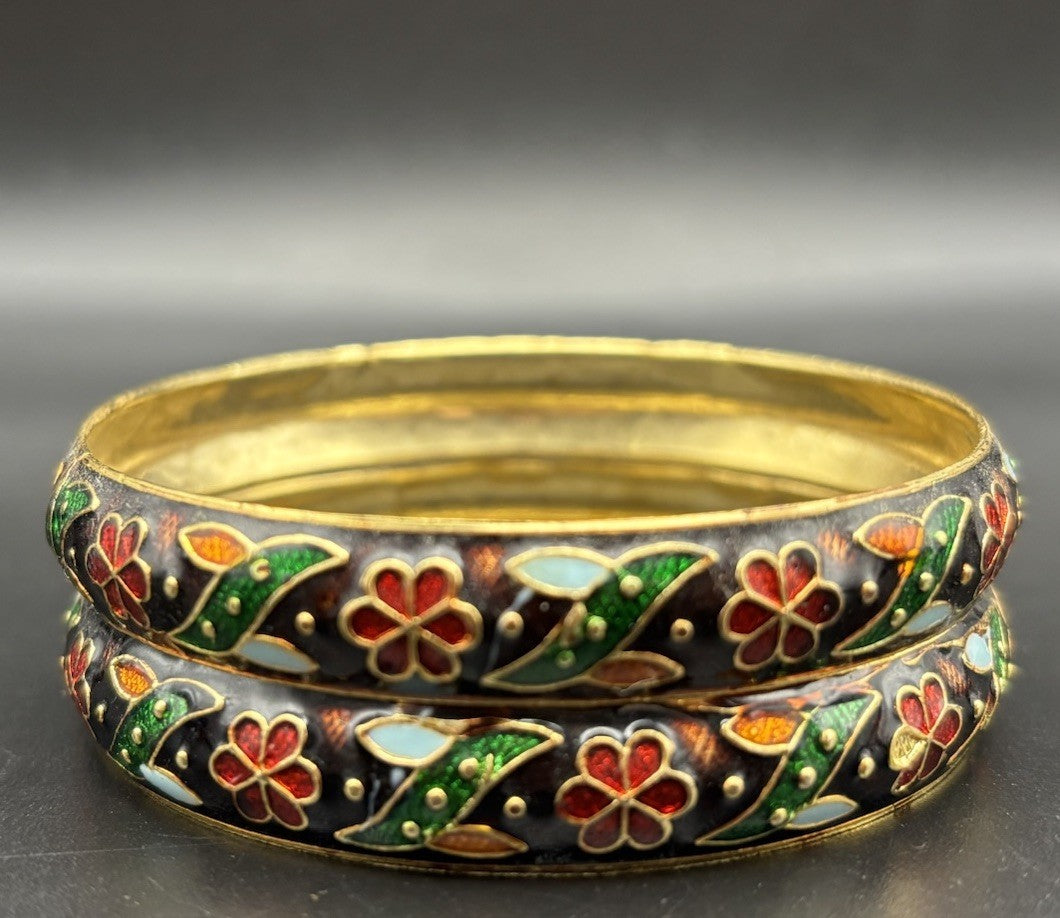 Vintage Cloisonne Enamel Bangles Floral Gold Tone Pair Collectible Asian Style