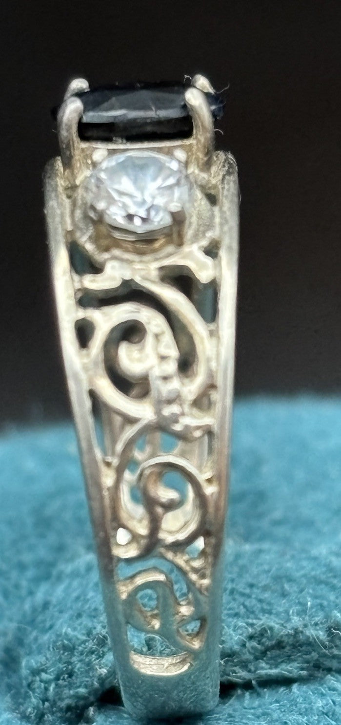 Vintage 925 Sterling Silver Blue Topaz Filigree Ring Size