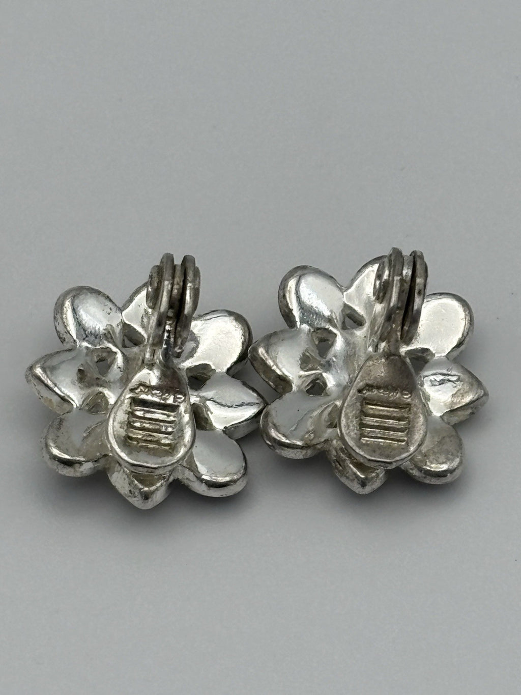 Vintage Monet Floral Clip On Earrings Silver Tone Abalone Blue Glass Signed