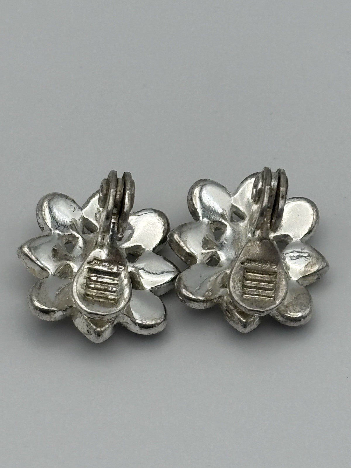 Vintage Monet Floral Clip On Earrings Silver Tone Abalone Blue Glass Signed
