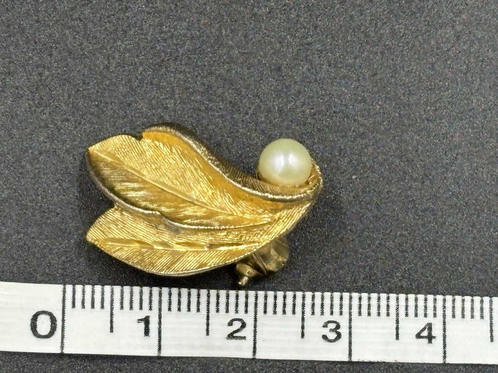 Vintage BSK Clip Leaf Wing Faux Pearl Earrings