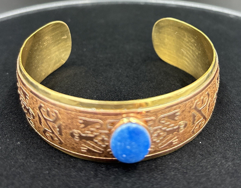 Vintage Brass Copper Cuff Bracelet With Lapis Lazuli Stone.