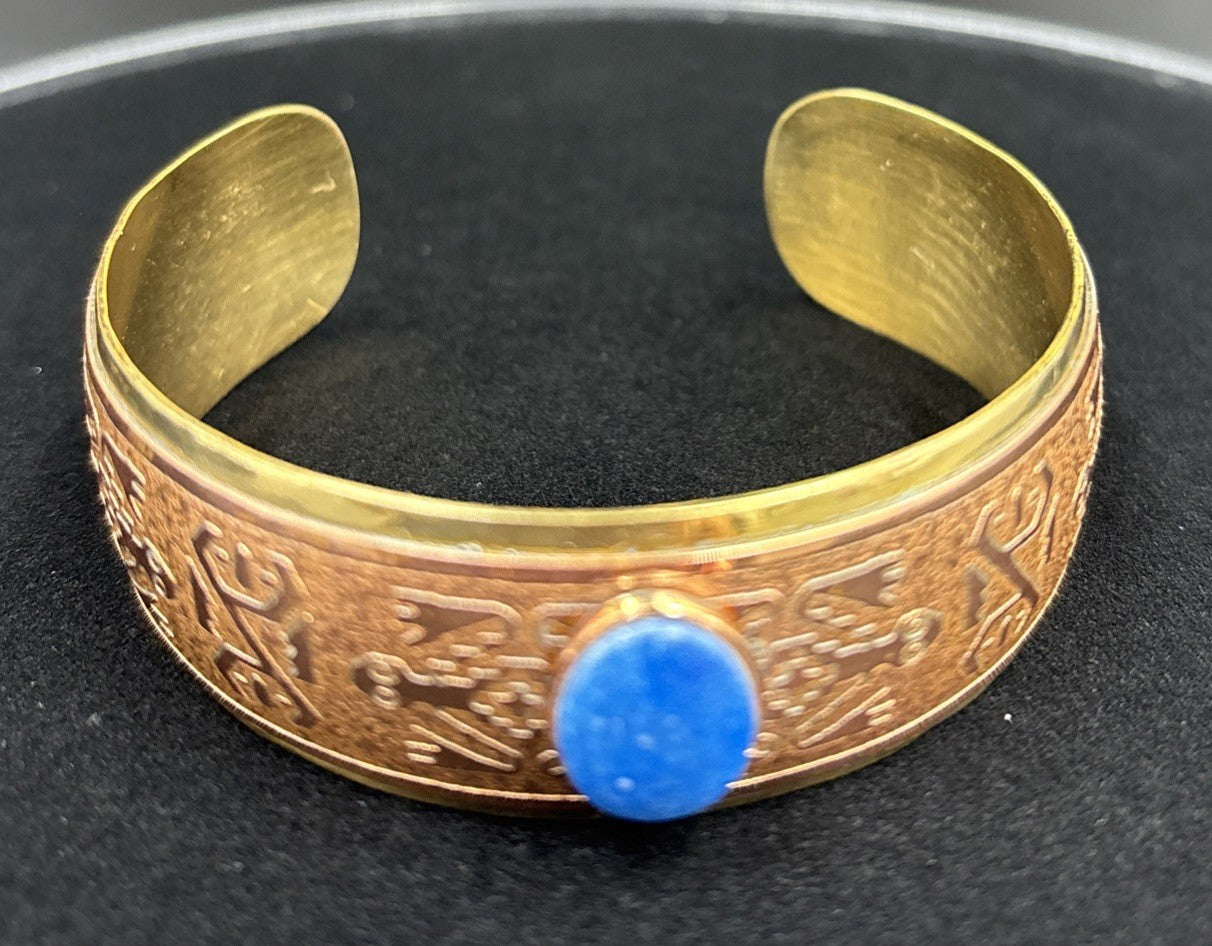 Vintage Brass Copper Cuff Bracelet With Lapis Lazuli Stone.
